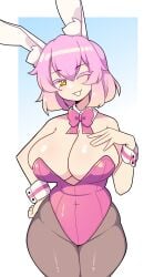 1girls amber_eyes big_breasts bunny_ears bunny_girl bunnysuit cleavage cuffs_(clothing) detached_collar ear_tuft female female_only hand_on_hip hi_res j5daigada looking_at_viewer neck_ribbon pantyhose pink_eyelashes pink_hair smiling smiling_at_viewer solo thick_thighs wide_hips wink winking_at_viewer wrist_cuffs
