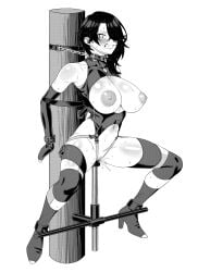 bdsm bdsm_outfit big_breasts bondage_mittens cinder_fall exposed_breasts exposed_pussy latex latex_clothing leg_spreader legs_spread rwby thore_(nathalukpol) tied_to_pole