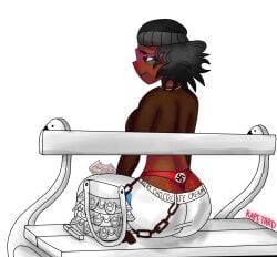 1girl 1girls 2d 2d_(artwork) 2d_artwork art artist_name artist_signature artwork artwork_(digital) back_view bag baggy_pants bags_under_eyes beanie beanie_hat bench black_beanie black_hair black_hat brown_eyes chewing closed closed_mouth clothed clothed_female clothing curly_hair dark-skinned_female dark_skin digital digital_art digital_media digital_media_(artwork) eating eating_food eyes eyes_open female female_focus female_only flag_print flag_underwear glasses glasses_on_face hat long_sleeve long_sleeve_shirt mouth mouth_closed nazi nazi_flag necklace necklace_female no_visible_genitalia no_visible_nipples open_eyes pants pink_glasses questionable race_swap raceplay rapetard s0d0my_s1n short_hair sit sitting solo solo_female solo_focus soyjak.party soytan swastika thong underwear white_bag white_pants