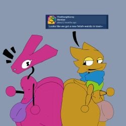1:1 big_bulge big_butt blue_clothing bulge bun_(bunbuun) bunbuun butt canid canine clothing detailed_bulge duo e621 english_text fox fur genital_outline green_clothing hi_res huge_bulge huge_butt humanoid lagomorph leporid male mammal message murray_(thatdawgmurray) orange_body orange_fur penis_outline pink_body pink_fur rabbit scarf surprised text thatdawgmurray underwear
