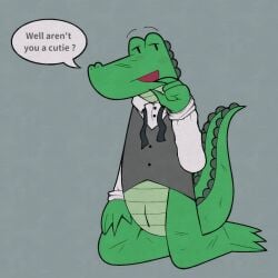 1:1 accessory alligator alligatorid animal_genitalia anthro bent_legs blush blush_lines bottomless cloaca clothed clothing crocodilian dialogue dowaku_01 genitals gesture half-closed_eyes hand_gesture hand_on_leg hi_res investigators_(book) kneeling long_sleeve_shirt looking_at_viewer male mango_(investigators) narrowed_eyes necktie open_mouth pointing reptile scalie scratches simple_background solo speech_bubble topwear topwear_only vest