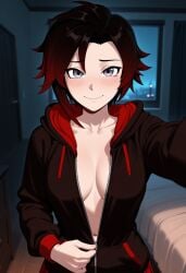 1girls ai_generated blush female female_only hoodie hoodie_only looking_at_viewer open_clothes open_hoodie ruby_rose rwby selfie selfie_pose shiny_hair shiny_skin smile solo solo_female tagme