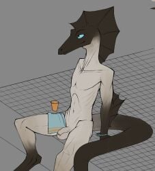 2026 anthro athletic athletic_male balls blue_eyes bracelet bracelet_only brown_arms brown_body brown_head brown_skin brown_tail bullchicken collarbone colored container cup elbow_fin fin flaccid flat_colors foreskin genitals grey_balls grey_body grey_penis grey_skin head_fin hi_res humanoid_genitalia humanoid_penis jewelry lizard long_tail male multicolored_body multicolored_skin navel nude nude_male penis reptile rib_cage scalie simple_background sitting smile snout solo tail towel two_tone_body two_tone_skin unretracted_foreskin