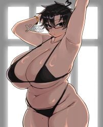 1girls akira404040 breasts cleavage clothing english_text female female_focus female_only hi_res large_breasts light-skinned_female light_skin looking_at_viewer mature_female milf neru_(akira404040) original solo text thick_thighs thighs wide_hips