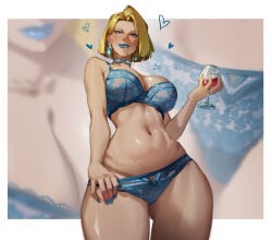 1girl alcohol ass_visible_through_thighs blonde_hair blue_bra blue_choker blue_eyes blue_lips blue_nails blue_panties blush bra breasts choker cleavage cowboy_shot cup drinking_glass earrings emma_frost emma_frost_(marvel_rivals) eyeshadow heart holding holding_cup jewelry large_breasts lingerie lipstick looking_at_viewer makeup marvel marvel_rivals nail_polish naughty_face navel panties short_hair smile solo swimsuit thighs twitter_username underwear underwear_only wine_glass zoom_layer