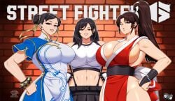 3girls absurd_res big_breasts black_hair capcom chun-li chun-li_(street_fighter_6) cleavage clothing crossover female female_only final_fantasy final_fantasy_vii grin grinning_at_viewer hair_buns hands_on_hips high_ponytail huge_breasts jadenkaiba king_of_fighters long_hair looking_at_viewer mai_shiranui mai_shiranui_(street_fighter_6) ponytail sideboob smiling smiling_at_viewer snk square_enix street_fighter street_fighter_6 tifa_lockhart twin_buns very_high_resolution wide_hips wink winking_at_viewer