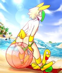 anus ass backsack ball balls beach beach_ball blonde_hair blush cloud erection fur green_hair hair humanoid_penis kyubikun lagomorph looking_back male male_focus mammal nipples penis public rabbit seaside solo water yellow_fur