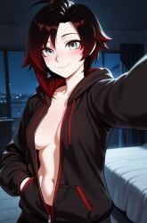 1girls ai_generated blush female female_only hoodie hoodie_only looking_at_viewer open_clothes open_hoodie ruby_rose rwby selfie selfie_pose shiny_hair shiny_skin smile solo solo_female tagme
