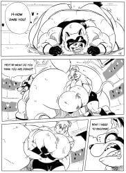 anthro ballbusting balls black_and_white bodily_fluids canid canine clothed clothed_anthro clothed_male clothing cock_and_ball_torture comic crying dialogue digital_drawing_(artwork) digital_media_(artwork) duo_focus english_text genital_torture genitals gloves group hair handwear hi_res holding_balls lying male male_anthro mammal monochrome mouse murid murine muscular muscular_anthro muscular_male on_front overweight overweight_anthro overweight_male pain raccoon_dog reagan700 rodent scared size_difference speech_bubble sweat tail tanuki tears teeth text