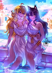 2girls black_hair black_hair_female blake_belladonna blonde_female blonde_hair canon_couple cat_ears cherryinthesun greek greek_clothes long_hair long_hair_female purple_eyes robe robes rwby yang_xiao_long yellow_eyes