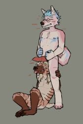 absurd_res animal_genitalia animal_penis anthro bodily_fluids canid canine canine_genitalia canine_penis canis digital_media_(artwork) domestic_dog duo erection genital_fluids genitals hi_res intersex intersex/male knot male mammal nude openfracturesday penis simple_background