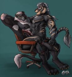 2023 abdominal_bulge anal anal_penetration animal_genitalia animal_penis anthro anthro_on_anthro anthro_penetrated anthro_penetrating anthro_penetrating_anthro armpit_hair black_body black_fur black_nipples black_pawpads black_sclera blue_eyes body_hair brown_pawpads chair chest_hair dated duo equine_genitalia equine_penis felid fur furniture genitals grey_hair hair hand_behind_head hi_res hufnaar lion male male/male male_anthro male_penetrated male_penetrating male_penetrating_male mammal medial_ring mouth_closed muscular muscular_anthro muscular_male narrowed_eyes nipples nude office_chair on_chair open_mouth open_smile orange_eyes pantherine pawpads penetration penile penile_penetration penis penis_in_ass red_penis sex simple_background sitting sitting_on_chair smile tail tail_tuft teal_background tuft white_hair