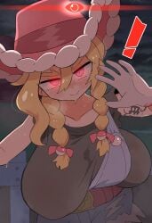 ! 1girl 1girls 2026 absurdres alpha_pokegirl arm_tattoo blonde_hair blue_overalls braid breasts collarbone cowboy_hat female fur-trimmed_headwear fur_trim gloves hat highres kitt_(pokemon) kurachi_mizuki large_breasts looking_at_viewer nintendo overalls pokemon pokemon_champions red_eyes red_hat smile solo sweat tagme tattoo twin_braids white_gloves
