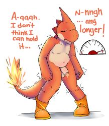 absurd_res anthro balls bodily_fluids boots charmeleon clothing dialogue digital_media_(artwork) english_text eyes_closed fakemon fire fist flaming_tail flicker_(yoshifan15) footwear foreskin generation_1_pokemon genital_fluids genitals hi_res hybrid knock-kneed male mario_bros meter nintendo nude omorashi open_mouth orange_body peeing penis pokemon pokemon_(species) raveneevee reptile scalie shaking shoes simple_background solo standing tail text urine urine_meter watersports yoshi
