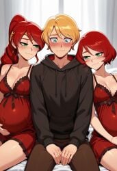 1boy 2girls ai_generated blonde_hair blue_eyes daughter green_eyes high_ponytail jaune_arc long_hair mother mother_and_daughter negligee oyakodon ponytail pregnant pyrrha's_mom pyrrha_nikos red_hair rwby short_hair tagme