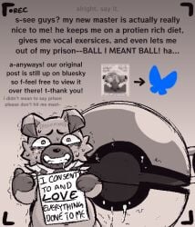 after_rape after_sex ambiguous_gender belly bluesky_(social_media) bodily_fluids camera_view cheek_tuft cum cum_on_face dialogue english_text facial_tuft feral forced_smile generation_7_pokemon genital_fluids gesture hand_gesture holding_object holding_sign male master monochrome navel neck_tuft nintendo pokemon pokemon_(species) pubes_in_mouth pubes_on_face recording rockruff scared shaking sharp_teeth sign smile solo sweat teeth text thumbs_up tuft written_consent zlut385