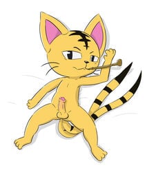 1boy anthro balls barefoot erection feline hi_res looking_at_viewer lying male male_only mammal matamune multi_tail nekomata nude on_back penis pipe seductive solo uncut wattacat whiskers