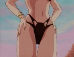 1990s_(style) 1993 1girl 1girls 2026 animated animated_gif armor ass bikini bikini_armor bindi bracelet breasts demon_girl ears eganko_(youjuu_sensen_adventure_kid) female fingernails gold jewelry lipstick long_fingernails long_hair lowres makeup medium_breasts midriff necklace nipples pointy ponytail purple_eyes purple_hair retro_artstyle sidelocks swimsuit tagme thong v-bangs wide_hips youjuu_sensen_adventure_kid