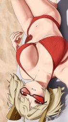 1girl 1girls 2026 alternate_costume artist_request beach beach_towel bikini blonde_hair breasts burnice_white day highres hoyoverse large_breasts looking_at_viewer lying navel on_back outdoors red_bikini red_eyes sand shadow solo solo_female solo_focus sunglasses swimsuit tagme tinted_eyewear towel twintails zenless_zone_zero