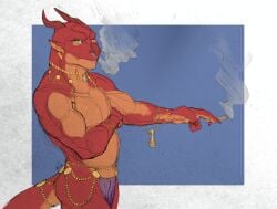 absurd_res accessory animal_genitalia anthro bottomwear cigarette clothed clothing digital_drawing_(artwork) digital_media_(artwork) furgonomic_bottomwear furgonomics genital_slit genitals gold_(metal) gold_jewelry hi_res huge_filesize jewelry light_clothing looking_at_viewer lore male orange_body red_body scalie smoking smoking_cigarette tail tail_accessory tail_jewelry topless ya_be4