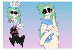 absurd_res anthro avian big_penis bird black_body black_eyes black_feathers blue_nails blue_nose blush bra clothing colored_nails corvid duo english_text feathers genitals gynomorph hi_res human humanoid impregnation_request intersex mammal nails one_rttdklwn oscine panties passerine penis profanity speech_bubble text the_damsel_(slay_the_princess) the_long_quiet_(slay_the_princess) underwear