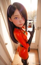 2026 ai_generated ass breasts cellphone erect_nipples_under_clothes latex latex_bodysuit looking_at_viewer tagme the_incredibles thighhighs thighs violet_parr