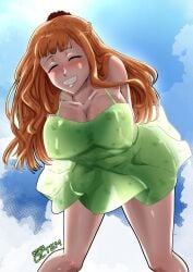 1girls alternate_version_available attractive black_clover cictemart18 closed_eyes day dress large_breasts mimosa_vermillion posing_for_the_viewer smile solo solo_female summer_dress
