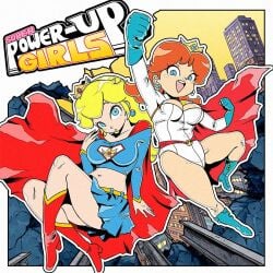 2026 bare_hips bare_legs belt blonde_hair blue_eyes boots brown_hair building cape city crown flying gloves knees legs leotard mario_(series) meijin_okd nintendo princess princess_daisy princess_peach roleplay skirt smile superhero_costume superheroine_costume superpowers tagme tight_clothes tomboy