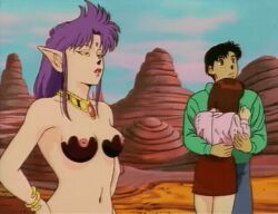 1990s_(style) 1993 1boy 1boys 1girl 1girls 2026 2girls animated animated_gif armor ass bikini bikini_armor bindi black_hair blue_pants blush bottomless bracelet breasts demon_girl ears eganko_(youjuu_sensen_adventure_kid) embarrassed female gold green_hoodie hood hoodie hug jewelry lipstick long_hair lowres makeup medium_breasts midori_(youjuu_sensen_adventure_kid) midriff necklace nipples norikazu_(youjuu_sensen_adventure_kid) nude pointy purple_eyes purple_hair red_skirt retro_artstyle short_hair sidelocks swimsuit tagme thong torn_shirt torn_skirt v-bangs youjuu_sensen_adventure_kid
