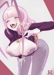 1girls areolae bent_over breasts breasts_out clothed clothing cockroach_girl female female_only idreamofsleep indie_virtual_youtuber insect_girl matara_kan nipples pale-skinned_female pale_skin pink_hair solo virtual_youtuber vtuber