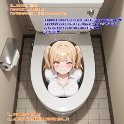 ai ai_assisted ai_generated blonde blonde_female blonde_hair defeated defeated_female defeated_heroine english english_dialogue english_text fartcocony female_toilet gyaru human_toilet humiliated humiliation large_breasts orange_eyes school_uniform schoolgirl stuck text toilet twintails