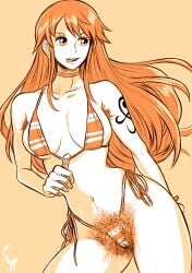 1girl 1girls 2026 :p arm_tattoo bikini black_tattoo choker excessive_pubic_hair female female_only hairy_armpits hairy_pussy long_hair nami_(one_piece) one_piece orange-haired_female orange_eyes orange_hair post-timeskip pubic_hair pubic_hair_peek pussy side-tie_bikini smile solo striped_bikini tagme tattoo turtlechan very_high_resolution yellow_background
