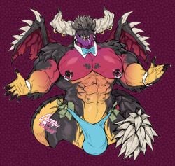 2026 abs alexander_(lieutenantskittles) anthro anthrofied arm_spikes balls_outline banknote barabait biceps big_bulge big_muscles blue_clothing blue_thong blue_underwear bodily_fluids bow_tie bulge capcom claws clothed clothing detailed_bulge dipstick_horn dragon drooling elder_dragon fan_character fangs front_view furgonomic_piercing furgonomics genital_outline hi_res horn horn_piercing horn_ring_(piercing) huge_muscles looking_at_viewer male membrane_(anatomy) membranous_wings money money_in_thong monster_hunter multicolored_horn muscular muscular_male mythological_creature mythological_scalie mythology nergigante nipple_piercing nipple_ring nipples one_eye_closed open_mouth open_smile pecs piercing pink_sclera portrait quads ring_piercing saliva scalie sharp_teeth shirt_collar shirt_cuffs shoulder_spikes simple_background skimpy small_wings smile spiked_tail spikes spikes_(anatomy) spread_arms stripper tagme tail teeth thong three-quarter_portrait underwear wing_claws wings wink winking_at_viewer