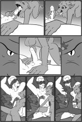 anthro balls blindfold bodily_fluids circuit19 comic cum cum_in_mouth cum_inside cumshot dominant dominant_female dragon duo ejaculation erection female forced genital_fluids genitals glans greyscale group group_sex hi_res human humanoid_genitalia humanoid_penis kobold male male/female mammal monochrome mythological_creature mythological_scalie mythology nude offscreen_male penis scalie sex size_difference trio