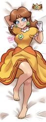 1girl 1girls 2026 artist_logo artist_name bare_legs barefoot bed_sheet blue_eyes blush breasts brooch brown_hair closed_mouth clothing crown dakimakura_(medium) dress earrings eyelashes feet female flipped_hair flower_brooch flower_earrings frilled_gloves full_body gloves jewelry knee_up knees legs long_dress long_hair looking_at_viewer lying mario_(series) medium_breasts medium_hair muis0802 nail_polish nintendo on_back orange_dress painted_toes parted_bangs princess princess_daisy puffy_short_sleeves puffy_sleeves seducing_viewer seductive_female seductive_smile short_sleeves smile solo tagme toenail_polish toenails toes tomboy white_gloves yellow_dress young young_female