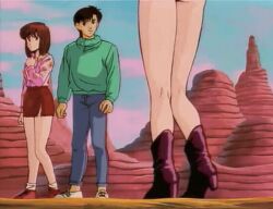 1990s_(style) 1993 1boy 1boys 1girl 1girls 2026 2girls animated animated_gif armor ass bikini bikini_armor bindi black_hair blue_pants blush bracelet breasts demon_girl ears eganko_(youjuu_sensen_adventure_kid) embarrassed female gold green_hoodie high_heel_boots high_heels hood hoodie hug jewelry long_hair lowres makeup medium_breasts midori_(youjuu_sensen_adventure_kid) midriff norikazu_(youjuu_sensen_adventure_kid) nude pointy purple_hair red_skirt retro_artstyle short_hair sidelocks swimsuit tagme torn_shirt torn_skirt youjuu_sensen_adventure_kid