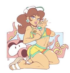bikini blowjob_gesture exposing_self looking_at_viewer mario_(series) mario_kart mario_kart_world nintendo octopus partially_clothed princess_daisy pulling_clothing seepingooze super_mario_bros. swimsuit tan_body tan_skin tentacle tongue_out