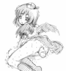 ahashi anal_insertion anal_prolapse anus arm_support ass back egg egg_laying female hair hat headgear insertion looking_at_viewer looking_back monochrome no_panties object_insertion petite prolapse saliva shameimaru_aya short_hair skirt skirt_lift sweat tears touhou uncensored wings