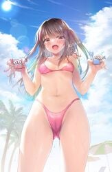 1girl 1girls 2026 :d artist_name bare_shoulders bikini blue_sky blush breasts brown_eyes brown_hair cameltoe cloud cloudy_sky collarbone cowboy_shot day fang from_below groin hair_ornament hairclip hands_up holding lens_flare long_hair looking_at_viewer melonbooks mikami_mika navel open_mouth outdoors palm_leaf palm_tree panties pink_bikini sidelocks sky small_breasts smile solo standing stomach sun swept_bangs swimsuit tagme thong thong_panties tree two_side_up underwear watermark wet