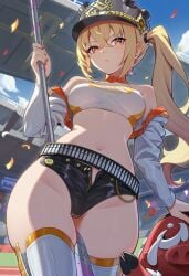 1girls 2026 ai_generated alternate_costume belly_button big_ass big_thighs black_shorts blonde_female blonde_hair day exposed_legs exposed_midriff exposed_shoulders female female_focus female_only holding_object hoyoverse long_hair looking_at_viewer low-angle_view luciana_de_montefio lunealter medium_breasts midriff mihoyo neutral_expression orange_eyes orange_nails pale-skinned_female pale_skin partially_clothed race_queen sfw thick_ass thick_butt thick_hips thick_legs thick_thighs uncensored white_topwear zenless_zone_zero
