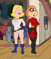2girls american_dad ass big_breasts blonde_hair bodysuit elastigirl_(cosplay) erect_nipples family_guy female female_only francine_smith hands_on_hips leotard lois_griffin orange_hair power_girl_(cosplay) short_hair zro5um