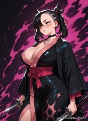 1girl 2026 ai_generated alternate_breast_size anime aqua_eyes asymmetrical_bangs asymmetrical_hair bangs black_choker black_hair black_kimono blush boobs breasts choker cleavage closed_mouth cosplay covered_nipples crossover dual_wielding earrings female female_focus flushed hair_ribbon highres holding holding_sword holding_weapon huge_breasts japanese_clothes jewelry katana kimono large_breasts long_sleeves marnie_(pokemon) medium_hair neutral_expression nsfw patreon patreon_username pigtails pokemon red_ribbon ribbon rognezart sash solo sword twintails undercut weapon