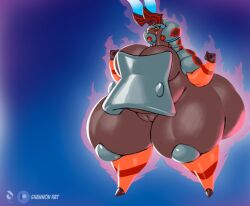 absurd_res antennae_(anatomy) anthro armor big_breasts big_butt blue_eyes bottomless breastplate breasts butt clothed clothing female generation_9_pokemon genitals grey_body hi_res huge_breasts huge_butt huge_hips huge_thighs hyper hyper_butt hyper_hips hyper_thighs mega_evolution mega_scolipede nintendo open_mouth pokemon pokemon_(species) pokemorph shannonrat solo thick_thighs vulva wide_hips yellow_sclera