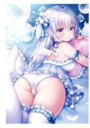 absurdres arm_garter ass bangs bare_shoulders bauble blue_theme blush bow breasts choker dress eyebrows_visible_through_hair female frilled_dress frilled_legwear frilled_skirt frills from_behind hair_ornament hairbow hairclip highres leg_up lingerie long_hair looking_at_viewer looking_back lying medium_breasts melonbooks mitsuba_choco object_hug on_stomach one_side_up original panties parted_lips pillow pillow_hug purple_eyes skirt_lift solo thighhighs thighs underwear white_hair white_legwear white_panties