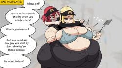 blonde_hair blue_eyes box burger dialogue fast_food_employee fast_food_uniform female food grey_bra mcdonald's obese obese_female obese_human overweight overweight_female overweight_human red_hair speech_bubble tragictfs weight_gain