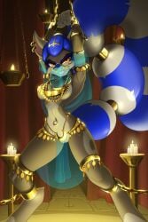 accessory anthro aura_(dreamkeepers) blue_hair bottomwear bound breasts candle clitoral_hood clothing dreamkeepers female fur furgonomics genital_piercing genitals gold_(metal) grey_body grey_fur hair harem_outfit hi_res jewelry lemur loincloth mammal markings navel navel_piercing piercing primate remarkably_average ring ring-tailed_lemur ring_(marking) ringed_tail solo strepsirrhine striped_markings striped_tail stripes tail tail_accessory tail_jewelry tail_markings tail_ring translucent translucent_clothing veil vulva vulva_piercing yellow_eyes