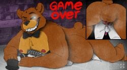 2026 2boys anal anal_penetration anal_sex anthro bowtie brown_fur crushing fan_game fat_male five_nights_at_freddy's fox freddy_(fnaf) furry game_over game_over_screen gay gay_sex male/male male_penetrating_male microphone on_floor overweight overweight_male screen_capture screencap sharp_teeth tagme top_hat trapped