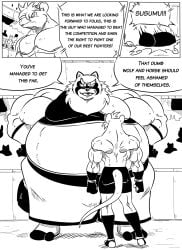 anthro balls barely_visible_balls barely_visible_genitalia belly big_belly black_and_white buckteeth canid canine clothed clothed_anthro clothed_male clothing comic dialogue digital_drawing_(artwork) digital_media_(artwork) duo_focus english_text eyebrows genitals gloves group hair handwear hi_res male male_anthro mammal monochrome mouse murid murine muscular muscular_male open_mouth open_smile overweight overweight_male pecs raccoon_dog reagan700 rodent size_difference smile speech_bubble tanuki teeth text thick_eyebrows topless