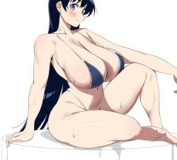 arato_nagi arm_support bikini blush cleavage closed_mouth collarbone curvy feet from_side huge_breasts imiin knees_apart_feet_together midriff navel official_alternate_costume ruri_no_houseki sitting smile thick_thighs toes wet_skin wide_hips