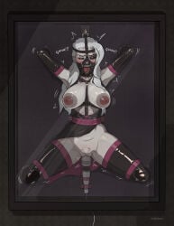 alternate_costume bdsm bdsm_harness bondage deckenz defeated_villainess drool exposed_breasts exposed_pussy forniphilia gag gagged human_trophy humiliation latex latex_clothing muzzle_gag muzzled nose_piercing nose_ring pubic_hair ring_gag rwby salem_(rwby) tongue_out tongue_piercing vibrator vibrator_on_pussy wand_vibrator